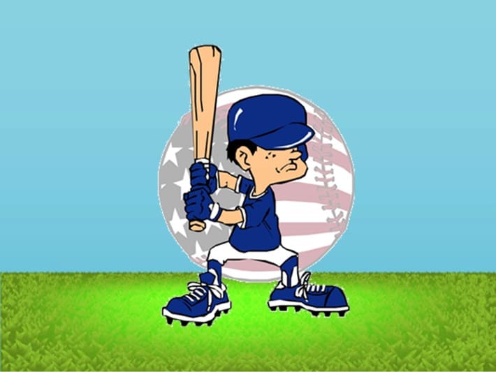 Clip art man holding a bat with baseball in background