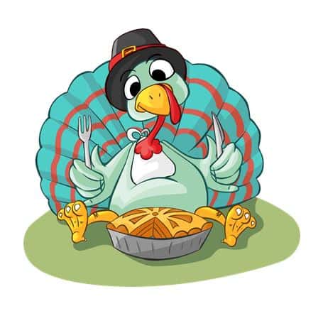Clip art- Turkey with pilgrim hat on with a pie